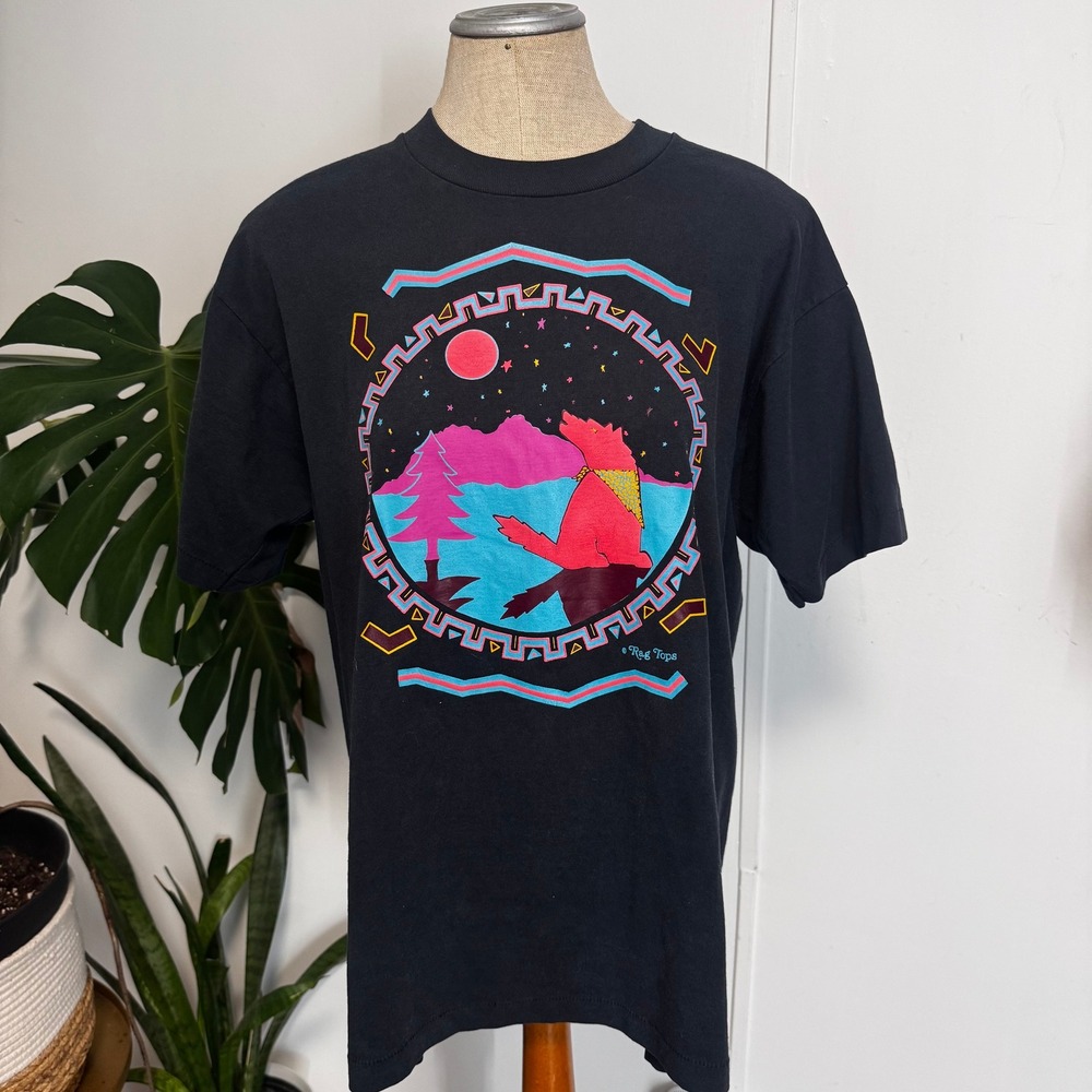 Screen Stars Best Wolf Graphic Tee Mens XL Black Vintage 80s Neon Rag Tops USA